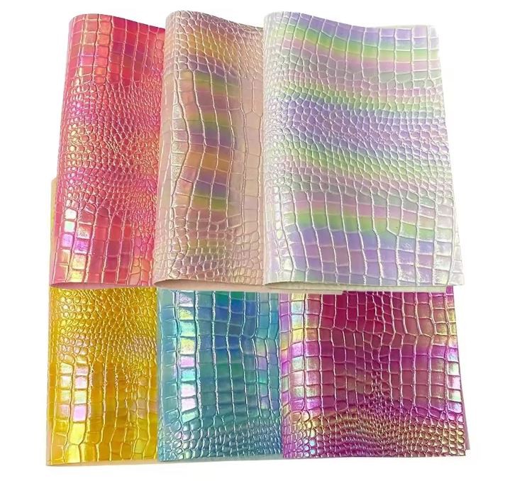 Alligator Skin Embossed Shinny Rainbow Color Glitter Holographic PVC Synthetic