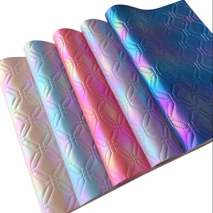 Hexagon Iridescent Design Color Embossed Laser Leather Fabric