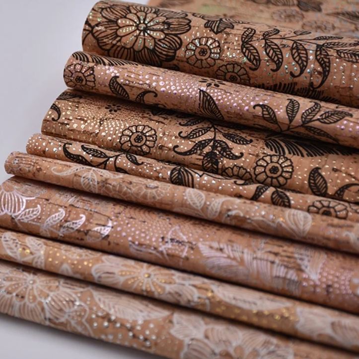 Printed Flower Design Cork Pu Leather For Lady Shoe